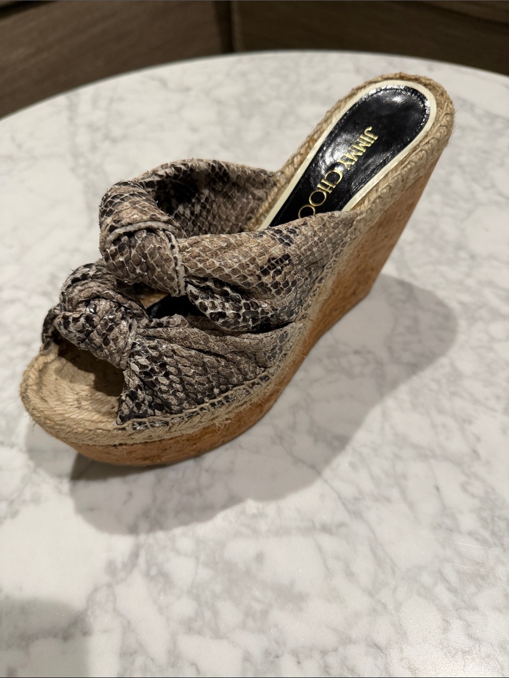 Jimmy Choo Knotted Natural Snake Print Leather Platform Wedge Sandal   37.5
